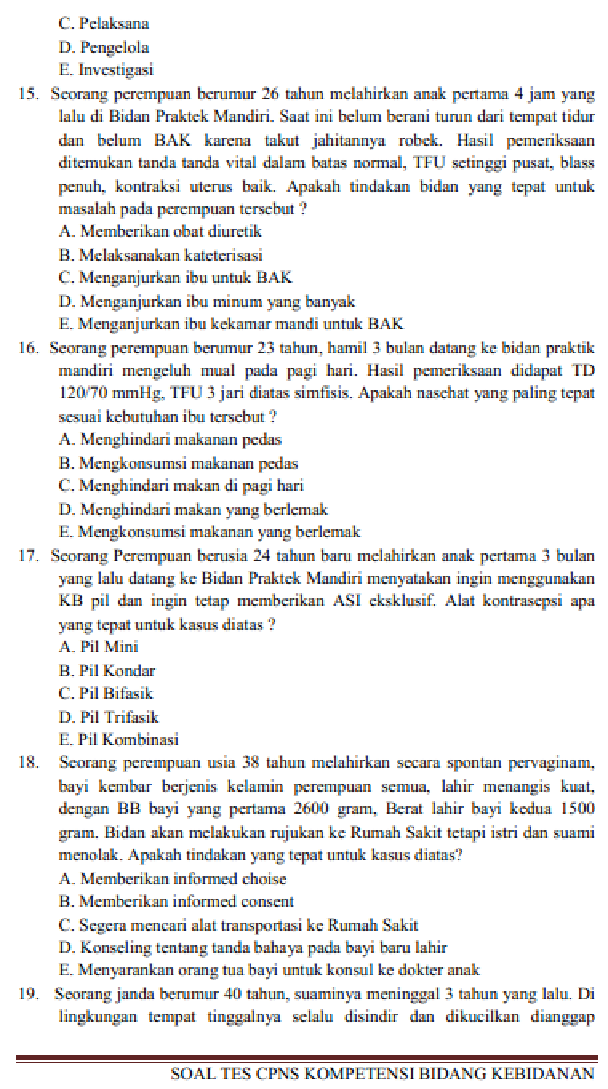  CONTOH  SOAL  TES  TERTULIS CPNS NON CPNS KOMPETENSI BIDAN 