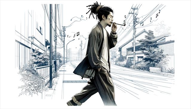 A wide concept art illustration of a Japanese man with dreadlocks, dressed in casual clothes, walking while whistling. The art should have a technical style, with a focus on the man's relaxed demeanor and the movement of his walk. The background can be a blend of urban and natural elements, showcasing a peaceful day.