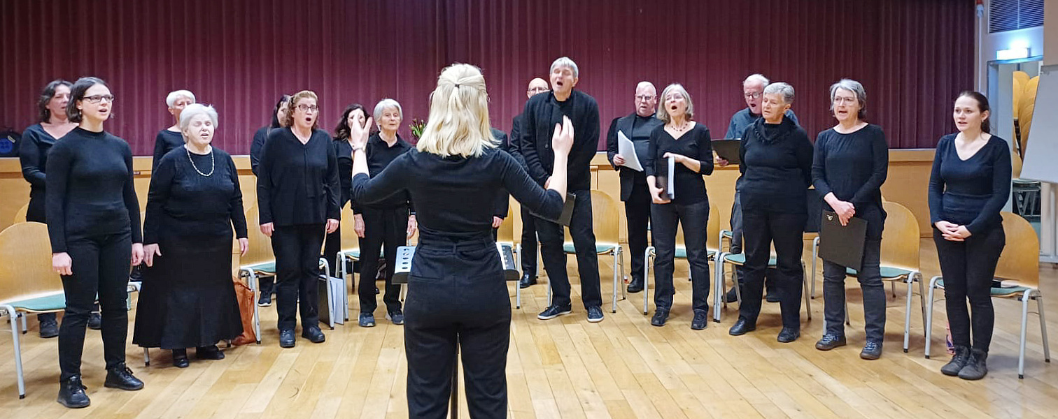 Unser Chor singend im großen Saal des Louis Braille Hauses. Mit dem Rücken zur Kamera Magdalena dirigierend. Die Kleidung festlich schwarz. Im Hintergrund die Bühne mit geschossenem, violetten Vorhang, der den festlichen Eindruck noch verstärkt.