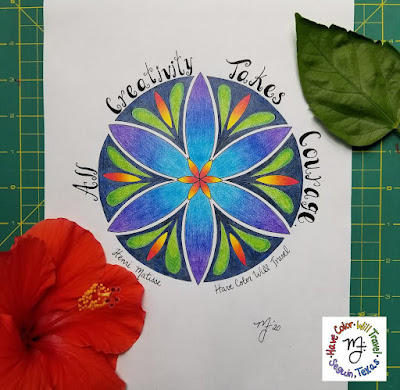 A simple flower mandala drawing that is brightly colored lies flat on a table. Next to the coloring page lies a bright red hibiscus flower. The words over the illustration read All Creativity Takes Courage.