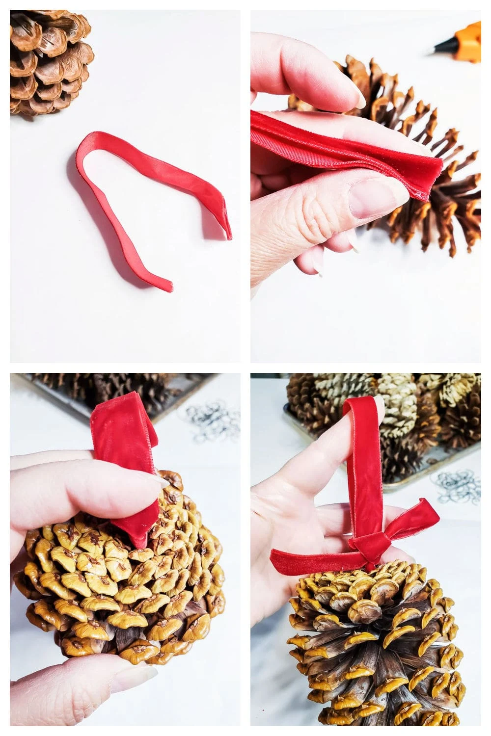 add a velvet ribbon hanger to bottom of pine cone