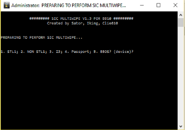 Teknokia - SIC Multiwipe is an application to remove the OS as a whole before reinstalling or upgrading reset back to factory settings. This tool can only be used to format the Blackberry devices with an operating system such as OS 10 BB BB Z10, passport, Classic, Q5, Z3, Porsche and other series. This program simply displays the CMD program so it is very easy and simple. 