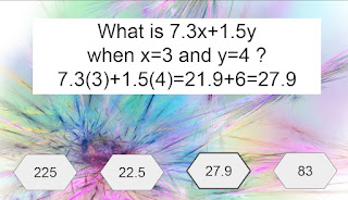 What is 7.3x+1.5y  when x=3 and y=4 ? 7.3(3)+1.5(4)=21.9+6=27.9