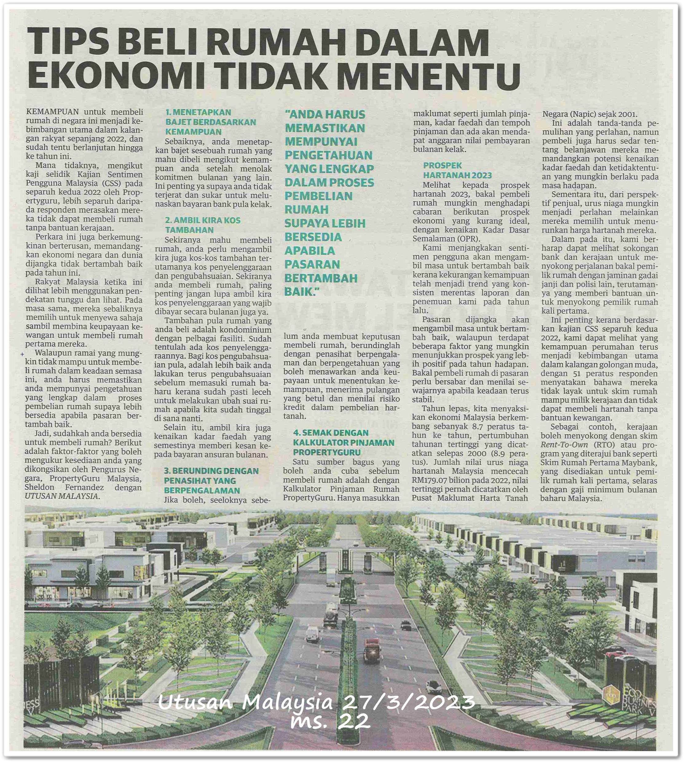 Tips beli rumah dalam ekonomi tidak menentu - Keratan akhbar Utusan Malaysia 27 Mac 2023