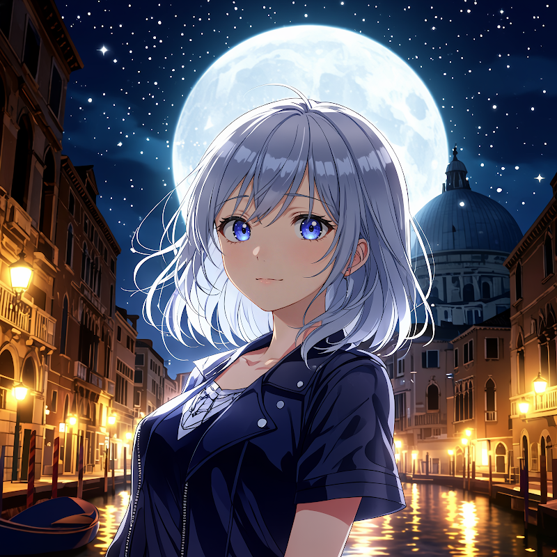 an animated female character with silver hair and blue eyes stands in front of a canal at night surrounded by historic buildings a large moon and stars with a serene and mysterious atmosphere