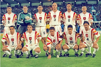 SELECCIÓN DE ESPAÑA - Temporada 1997-98 - Nadal, Zubizarreta, Fernando Hierro, Roberto Ríos, Kiko y Luis Enrique; Sergi, Ferrer, Alfonso, Raúl y Alcorta - ESLOVAQUIA 1 (Majoros) ESPAÑA 2 (Kiko, Amor) - 24/09/1997 - Mundial de Francia 1998, fase de clasificación - Bratislava, Eslovaquia, estadio Tehelné Pole - Alineación: Zubizarreta; Ferrer (Aguilera 62'), Roberto Ríos, Nadal, Alcorta, Sergi; Luis Enrique, Fernando Hierro, Raúl; Kiko (Oli 88') y Alfonso (Amor 72')