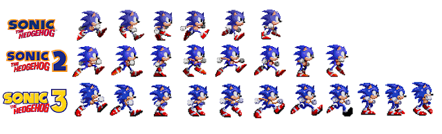 Comparatif des sprites de Sonic 1, Sonic 2 et Sonic 3