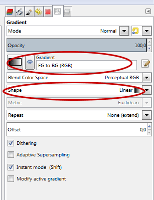 In the Tool Options dialog, choose FG to GB gradient and Linear Shape.