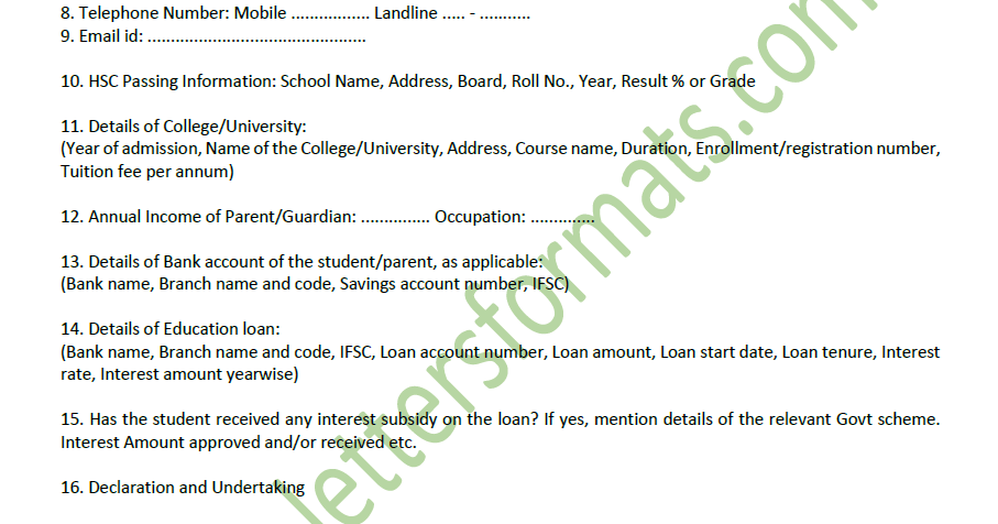 Application Form For Interest Subsidy On Education Loan Sample