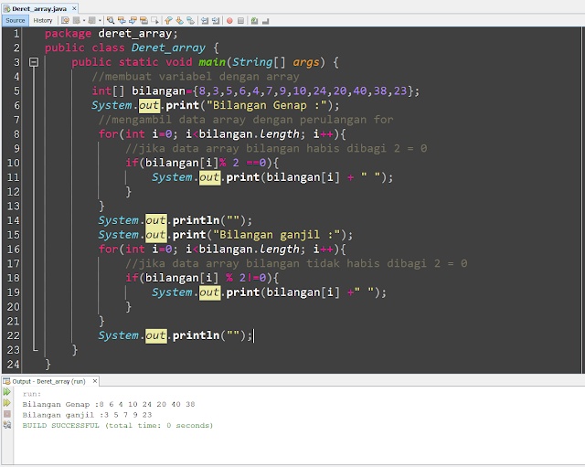 Contoh Program Java menampilkan bilangan ganjil dan genap dari deret bilangan array