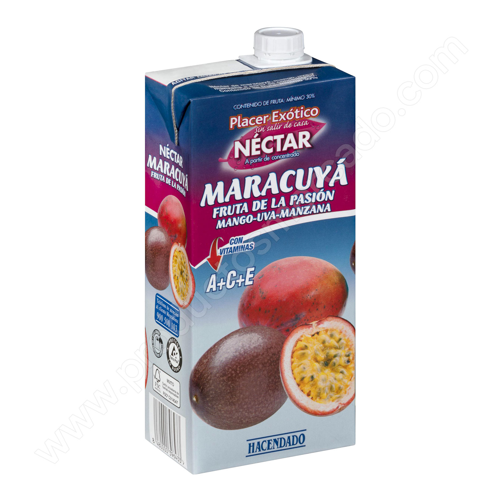 Néctar de maracuyá, fruta de la pasión, mango, uva y manzana Hacendado