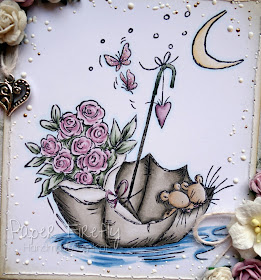 Romantic floral card featuring cute mice in an umbrella