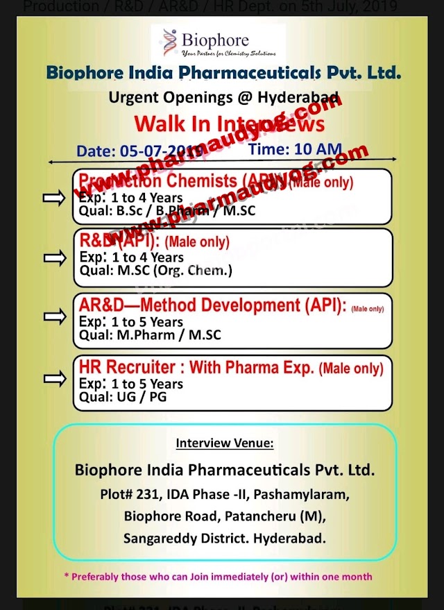 Biophore India | Walk-in interview for Production -RnD | 5 July 2019 | Hyderabad