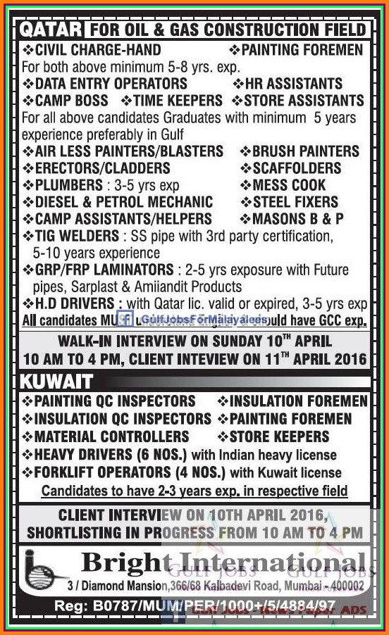 Oil & gas construction company jobs for Qatar & Kuwait