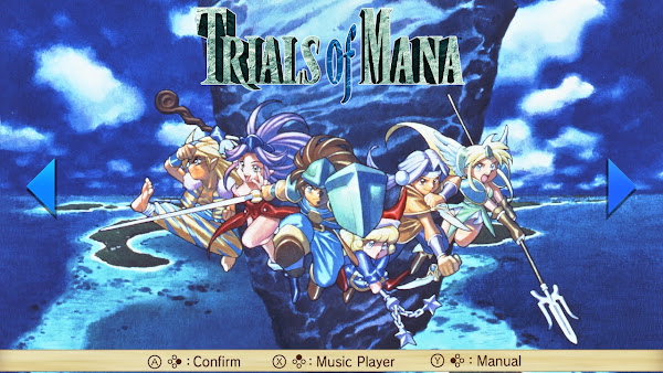 Collection of Mana: Trials of Mana Title Screen. All six heros in heroic poses together.