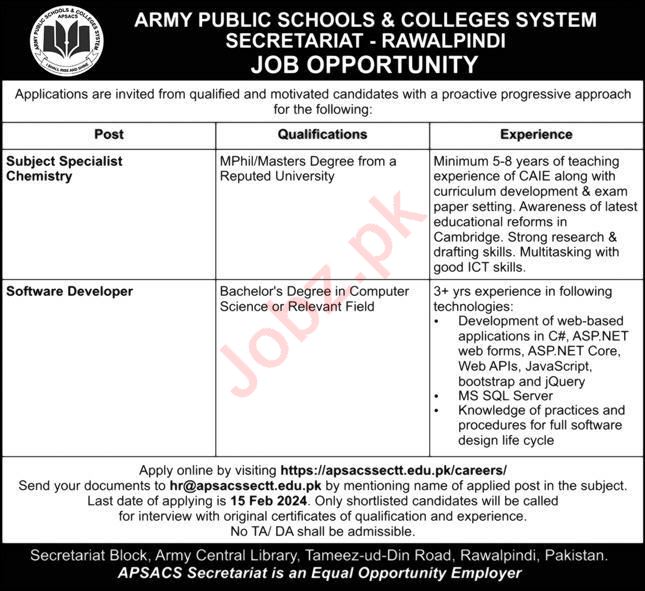 Army Public Schools & Colleges System Secretariat Management Jobs In  Rawalpindi 2024