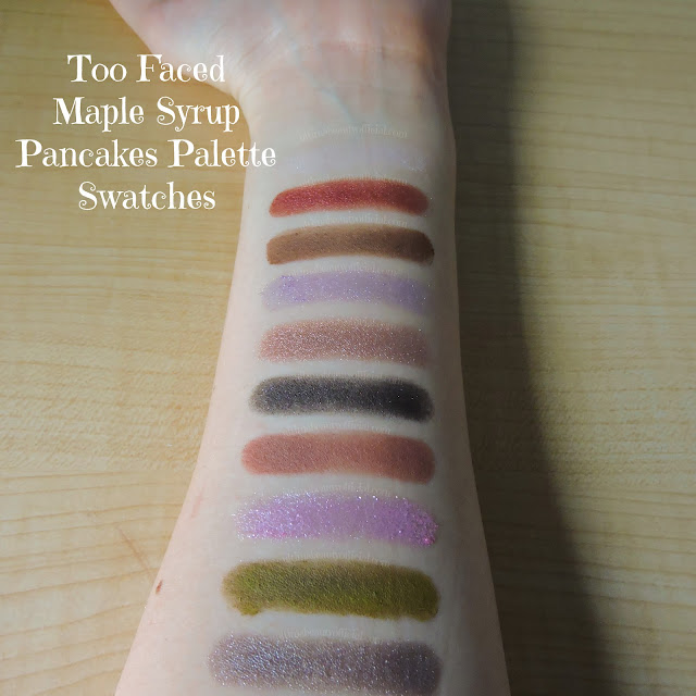 Swatches of 10 eyeshadows in Too Faced Maple Syrup Pancakes Eyeshadow Palette on Ultima Beauty’s arm