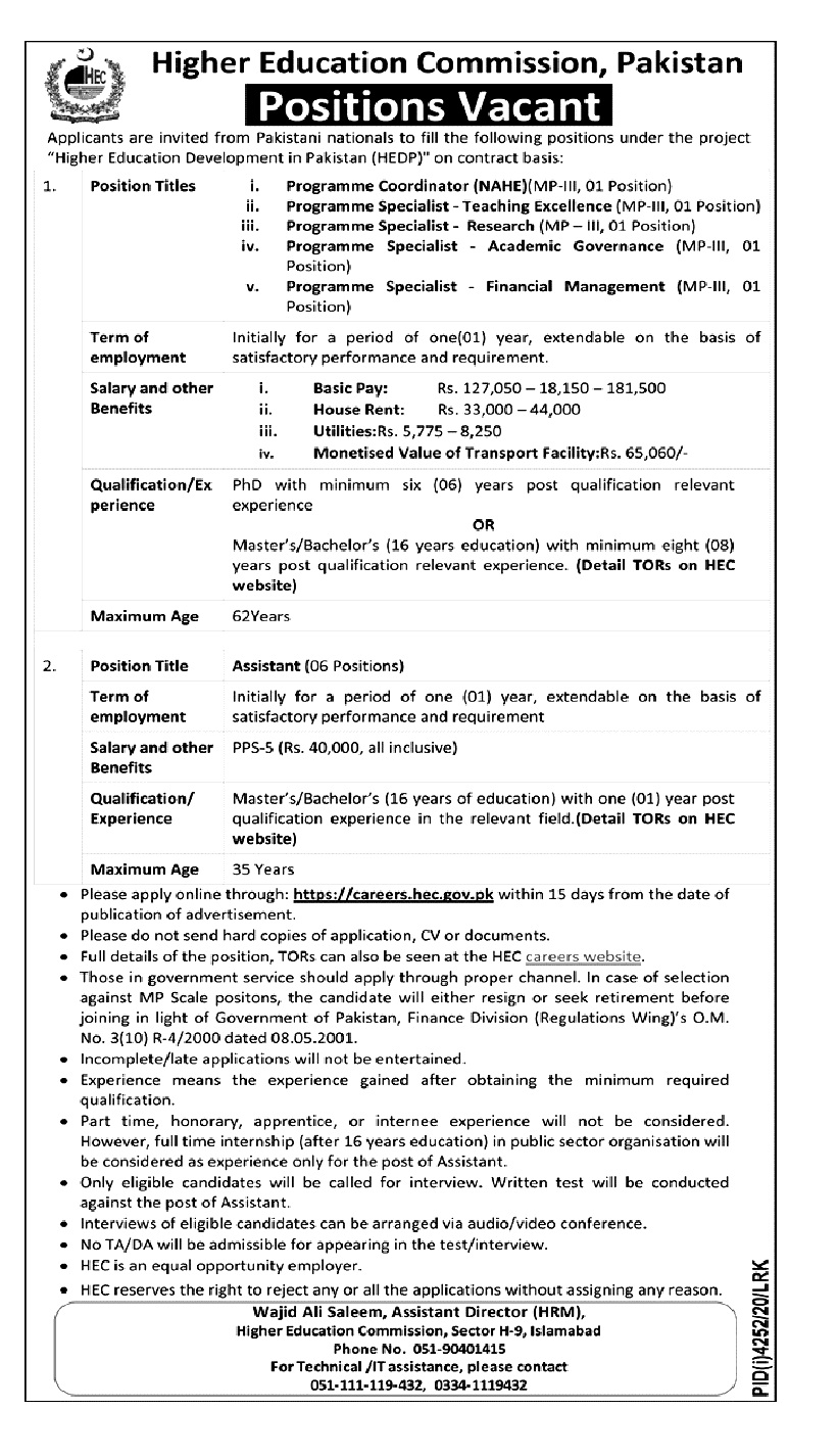 Higher Education Commission HEC Latest Jobs 2021