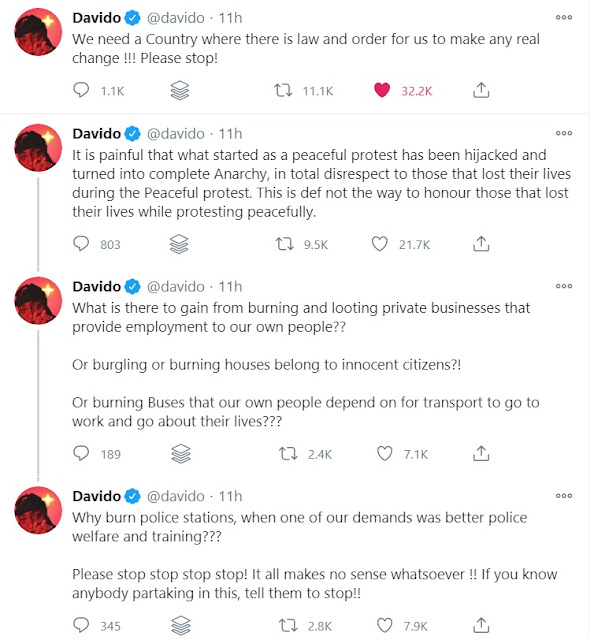 ‘Please Stop Burning Police Stations’ - Davido Begs Nigerians In New Tweets