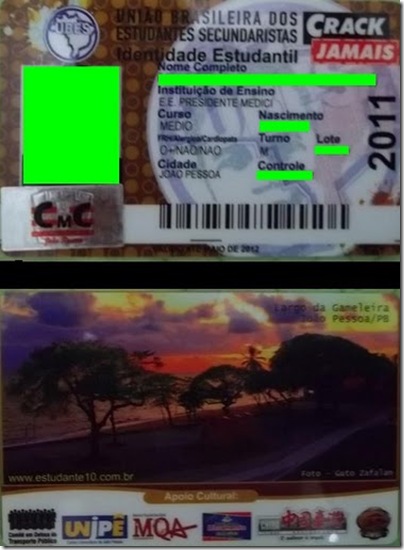 carteira estudante joão pessoa paraíba 2011 secundaristas