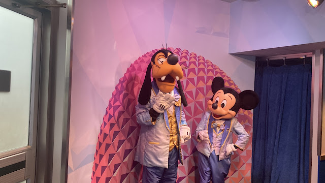 Goofy and Mickey Mouse Characters in Walt Disney World 50th Anniversary Outfits Epcot Disney Rewards Photo Spot