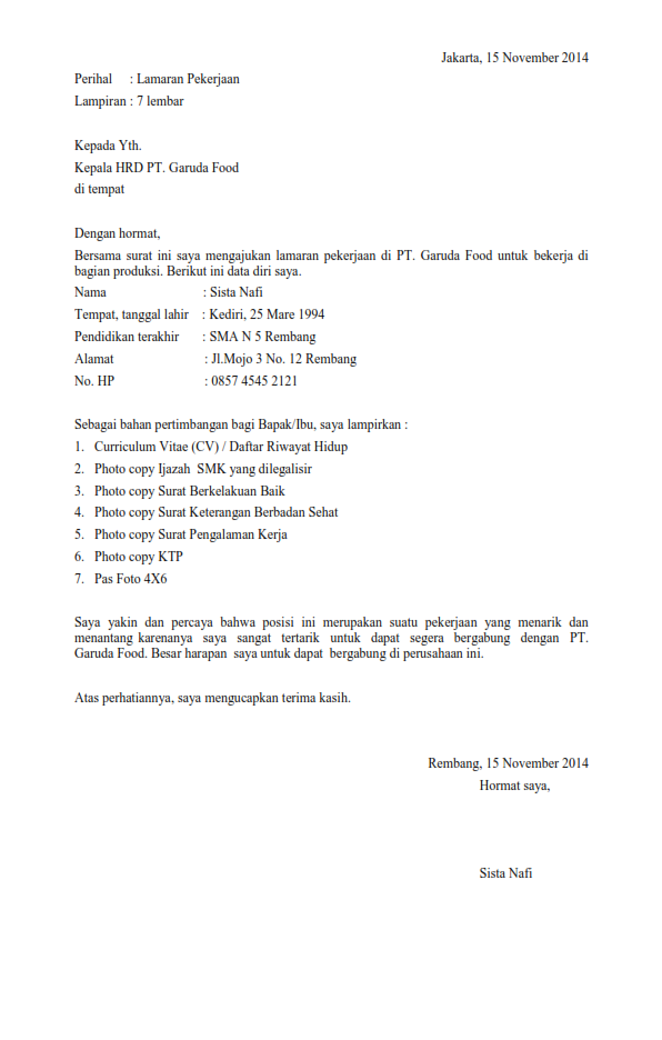 Contoh Surat Lamaran Kerja SMA