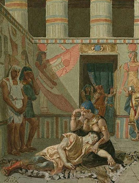 Клеопатра держит умирающего Антония