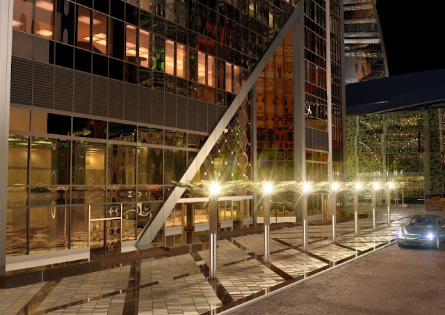 Rendering of the plaza in front of the tower at night