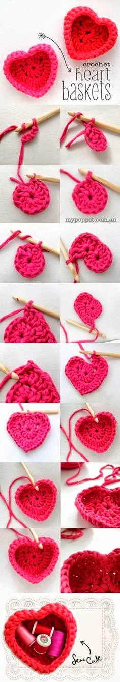 Canasta con forma de corazón al crochet