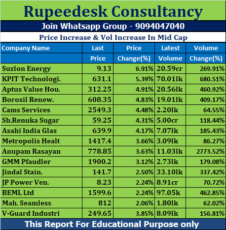 Price Increase & Vol Increase In Mid Cap