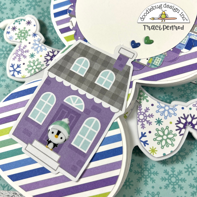 Snowman Shaped Scrapbook Album page with stripes, a cute little penguin, and a purple house