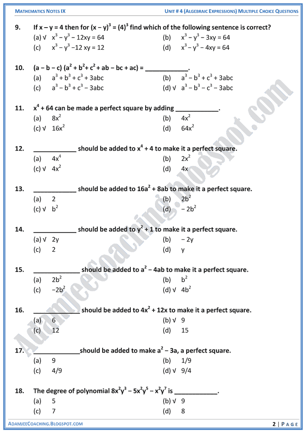 algebraic-expressions-mcqs-mathematics-notes-for-class-10th