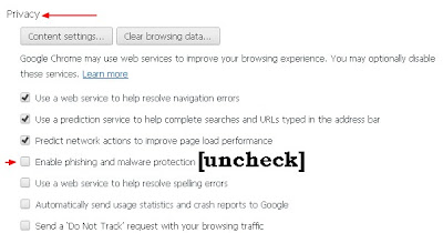 Disable phishing and malware protection in Google Chrome
