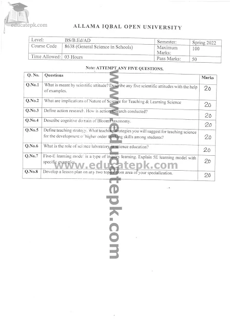 Aiou Past Papers BED Code 8638