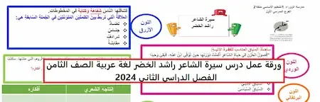 ورقة عمل درس سيرة الشاعر راشد الخضر لغة عربية الصف الثامن الفصل الدراسى الثانى 2024