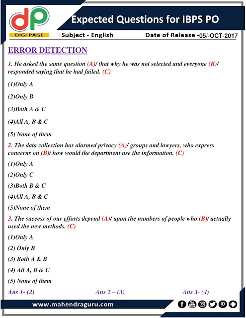  DP |  Expected Questions For IBPS PO | 05- 10 - 2017