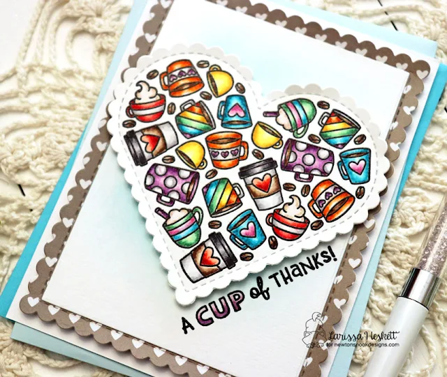 A Cup of Thanks Card by Larissa Heskett for Newton's Nook Designs using Heartfelt Coffee Stamp Set, Heart Frames Die Set, Frames and Flags Die Set, Coffee House Stories Patterned Paper