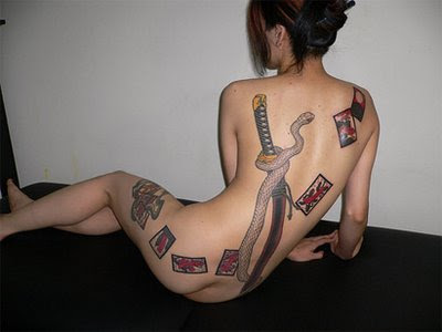 girl tattoo,Snake tattoo,Cards Tattoo