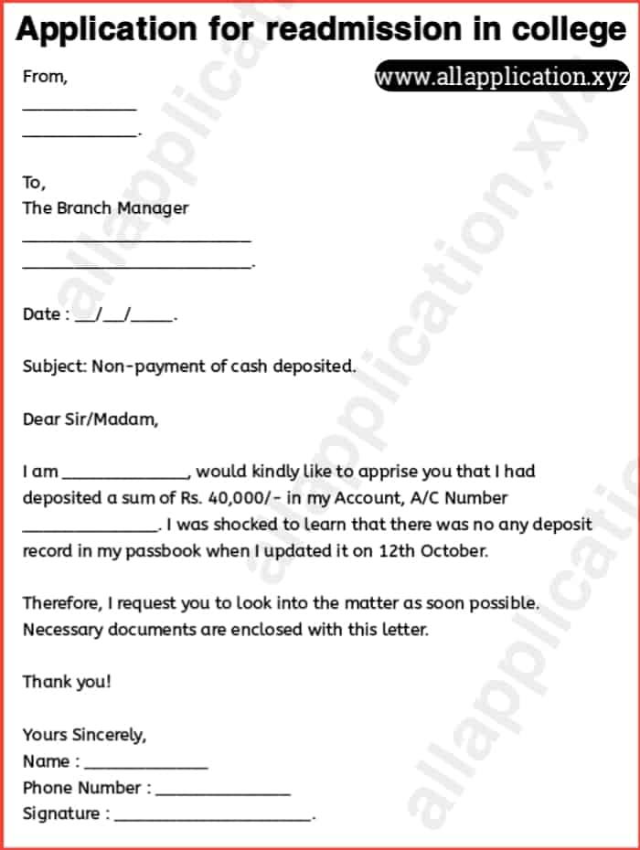 Letter To Bank Manager For Amount Not Credited,Application For Cash Deposited In CDM But Not Credited,Letter To Bank Manager For Amount Not Credited.