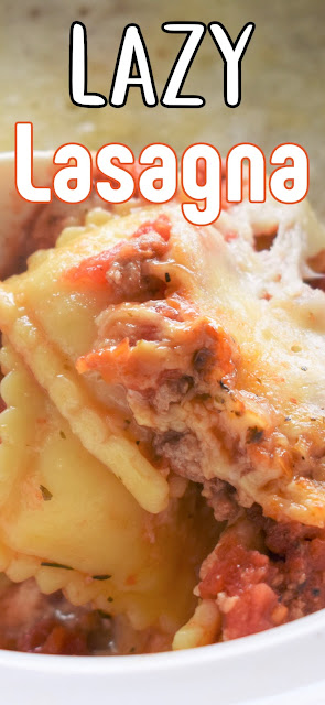 Slow Cooker Lazy Lasagna in a white bowl with a recipe title text overlay.