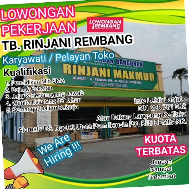 Lowongan Kerja Pegawai Pelayan Toko Bangunan Rinjani Ngotet Rembang