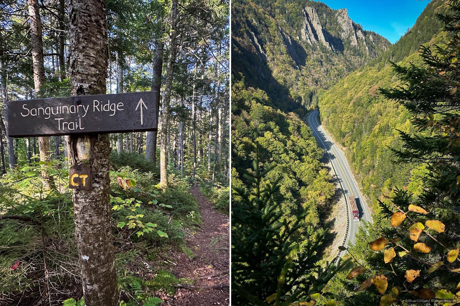 Left: Sangunary Ridge Trail sign in the woods. Right: Logging truck descending down a curving road at Dixville Notch