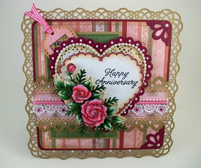 Pink Hearts Roses Anniversary Card