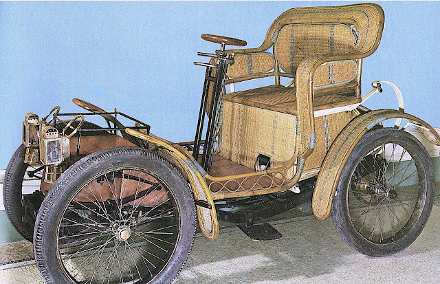 the 1897 Hugot from France, a wicker car body in a color photograph