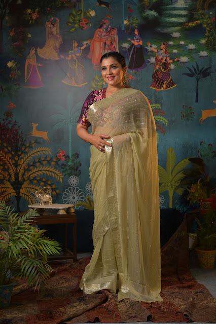 Italian Swarovski on sage green french chiffon saree