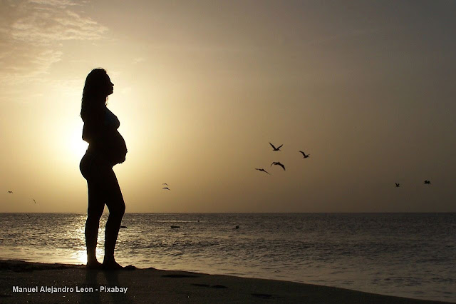 Mulher grávida na praia ao pôr~do~sol.