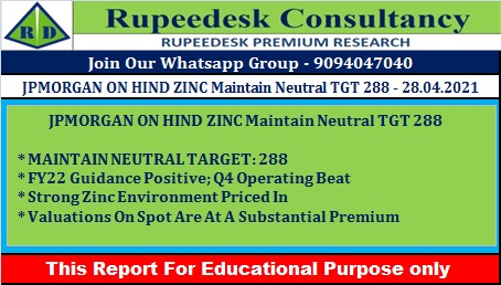 JPMORGAN ON HIND ZINC Maintain Neutral TGT 288