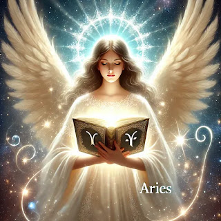 An angel holding a glowing book, symbolizing Aries' expanding spiritual knowledge, wisdom, and intuitive growth.