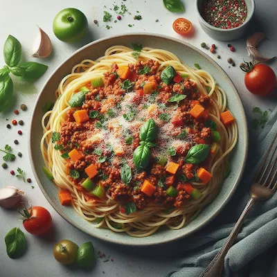 Auf dem Bild ist ein Teller mit Spaghetti Bolognese zu sehen. Das Gericht wurde mit frischen Basilikumblättern und frisch geriebenen Parmesan abgerundet.