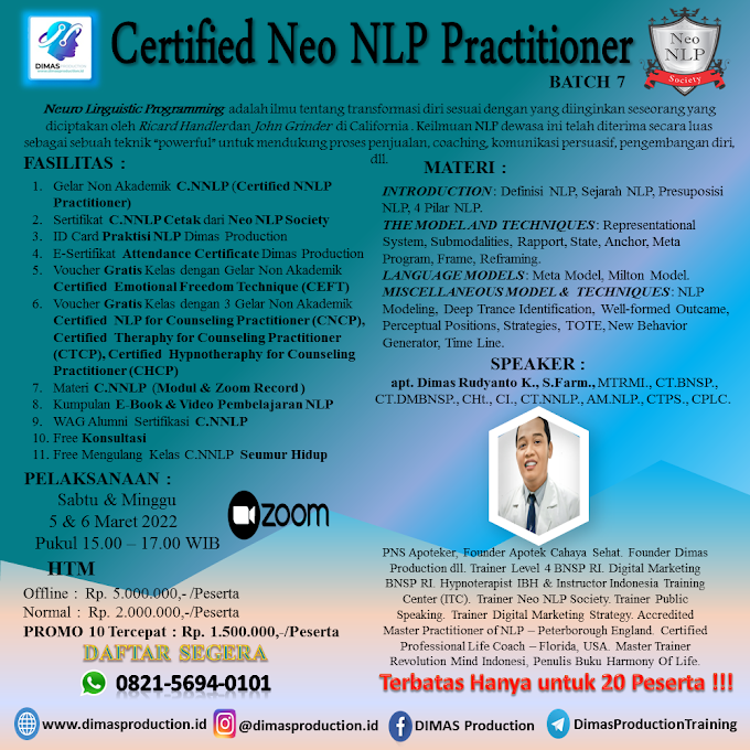 WA.0821-5694-0101 | Certified Neo Neuro Linguistic Programming Practitioner (C.NNLP) Maret 2022 Batch 7